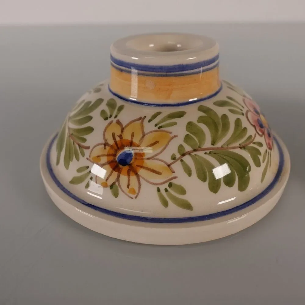 Pair of Hand Painted Delft Ceramic Taper Candlestick Holders Floral Design READ